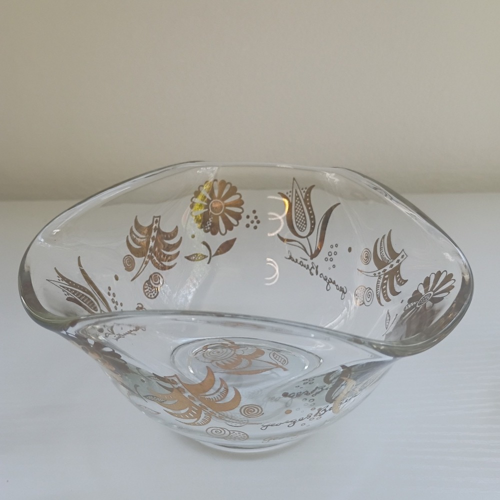 MCM Georges Briard Gold Floral Glass Bowl Jacobean Flowers W/ Gold Spoon - Picture 5 of 16